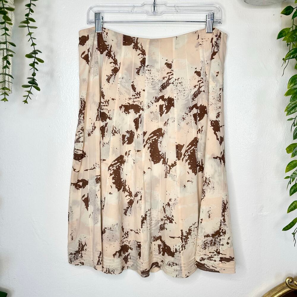 TSE Abstract Peach + Coffee Geo Print Flared Knee Length Silk Chiffon Skirt 10